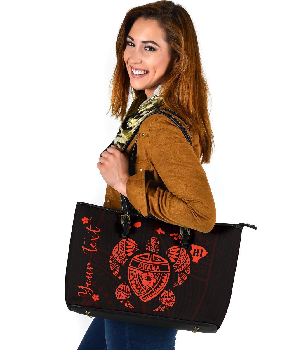 Personalized - Hawaii Kakau Polynesian Ohana Turtle Map Large Leather Tote - Orange - Polynesian Pride