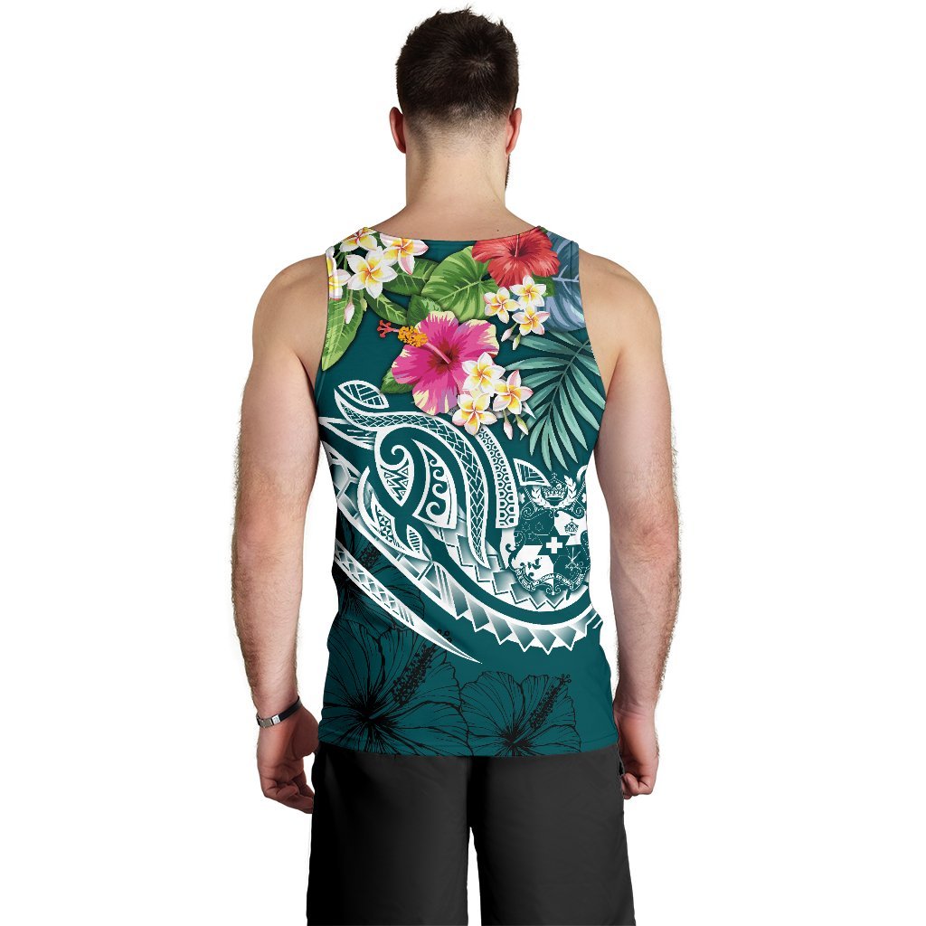 Tonga Polynesian Men's Tank Top - Summer Plumeria (Turquoise) - Polynesian Pride