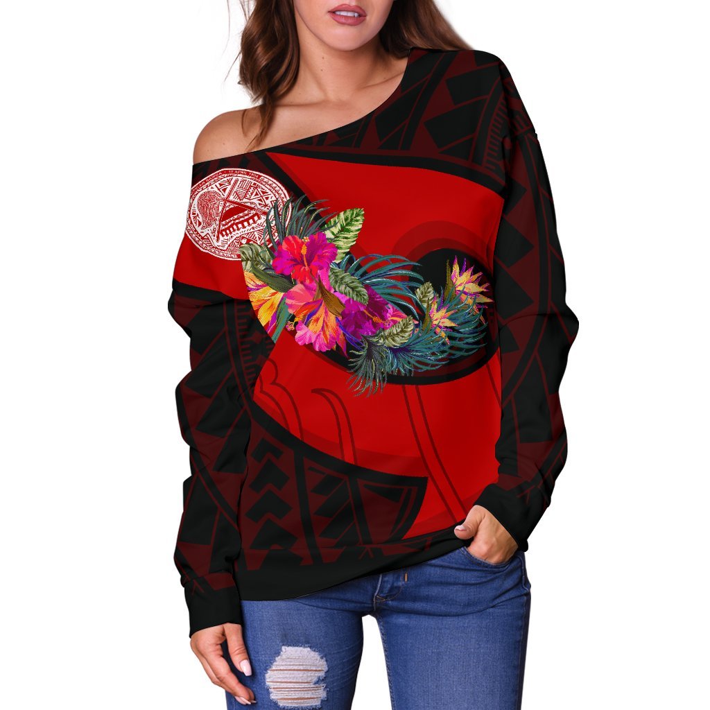 American Samoa Women's Off Shoulder Sweater - Polynesian Hook And Hibiscus (Red) - Polynesian Pride