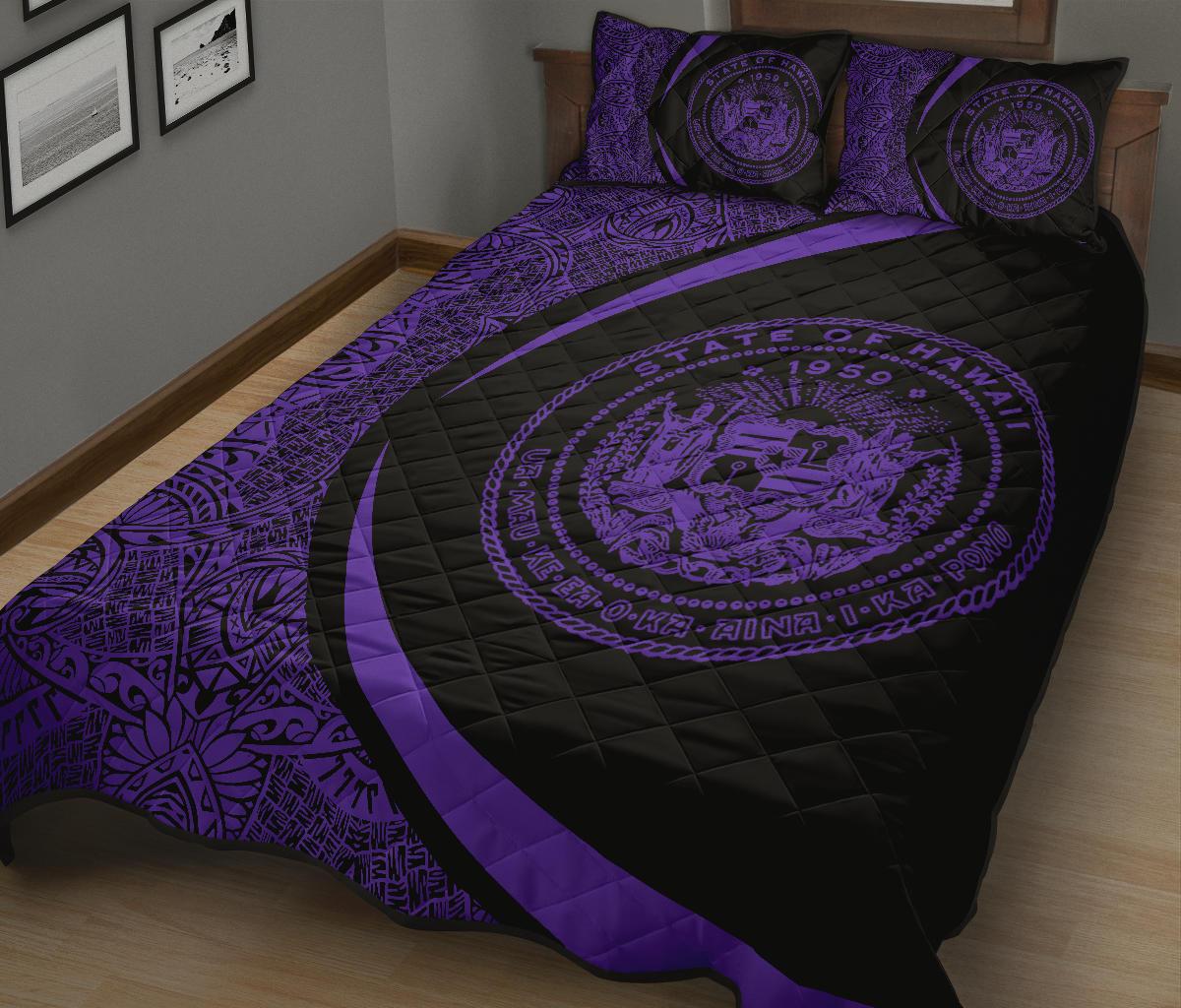 Hawaii Coat Of Arms Polynesian Quilt Bed Set - Circle Style Purple - Polynesian Pride