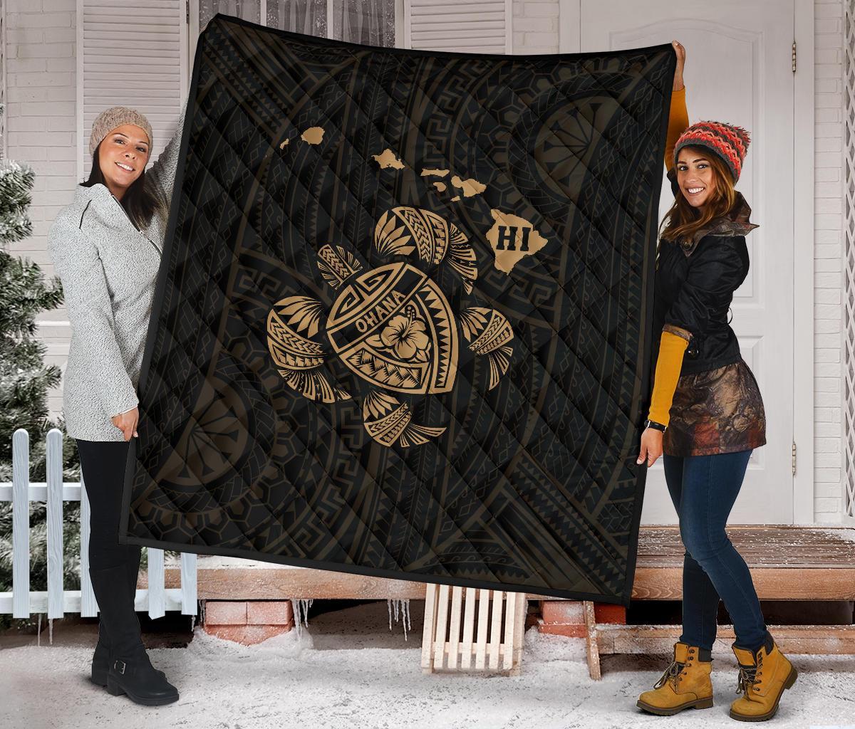Hawaii Turtle Hibicus Map Premium Quilt - Gold - Polynesian Pride