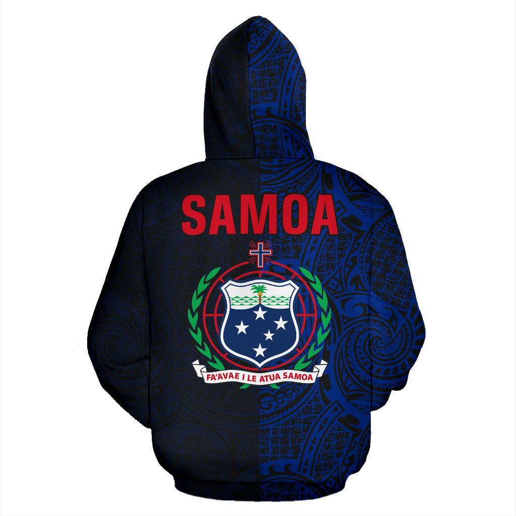Samoa Zip up Hoodie Samoa Coat of Arms Half Polynesian Tattoo Style Blue - Polynesian Pride