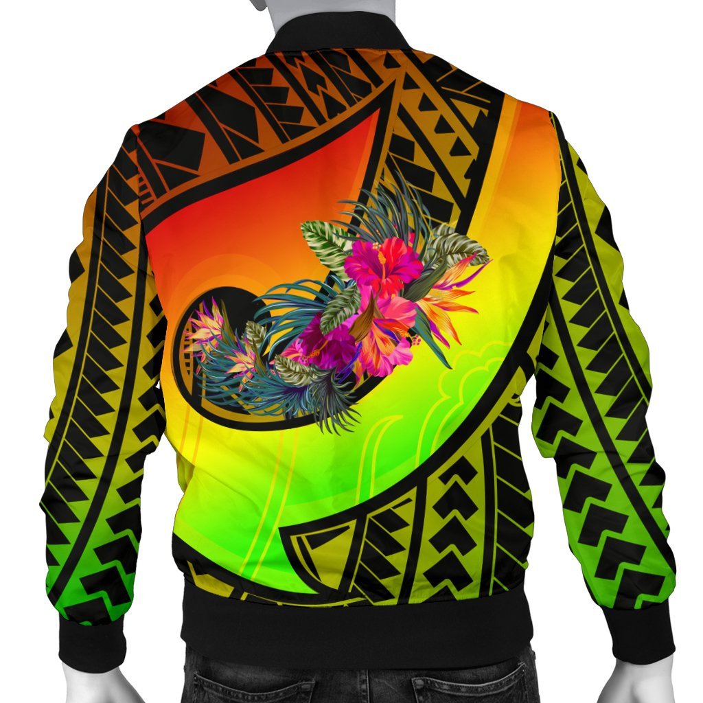 Pohnpei Men's BomBer Jacket - Polynesian Hook And Hibiscus (Raggae) - Polynesian Pride