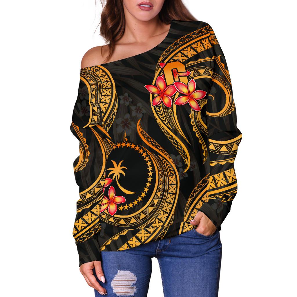 Chuuk Micronesian Women Off Shoulder Sweater - Gold Plumeria - Polynesian Pride