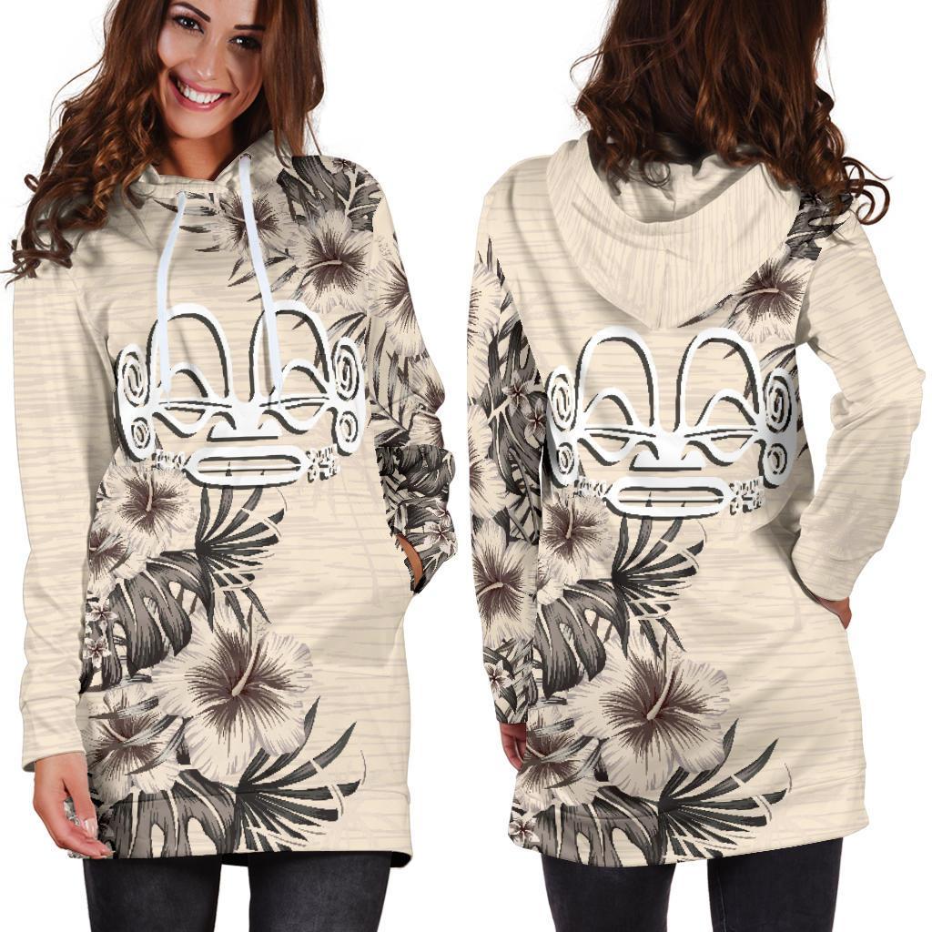 Marquesas Islands Hoodie Dress - Marquesas Islands Tiki Face & Beige Hibiscus - Polynesian Pride
