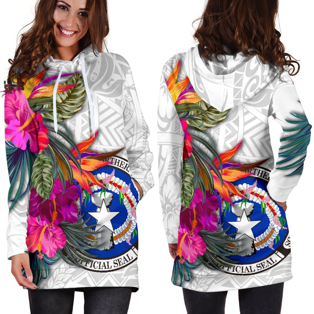 Northern Mariana Islands Women's Hoodie Dress Polynesian Hibiscus White Pattern White - Polynesian Pride