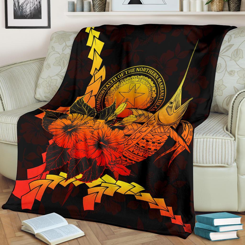 Northern Mariana Islands Polynesian Premium Blanket - Swordfish With Hibiscus - Polynesian Pride