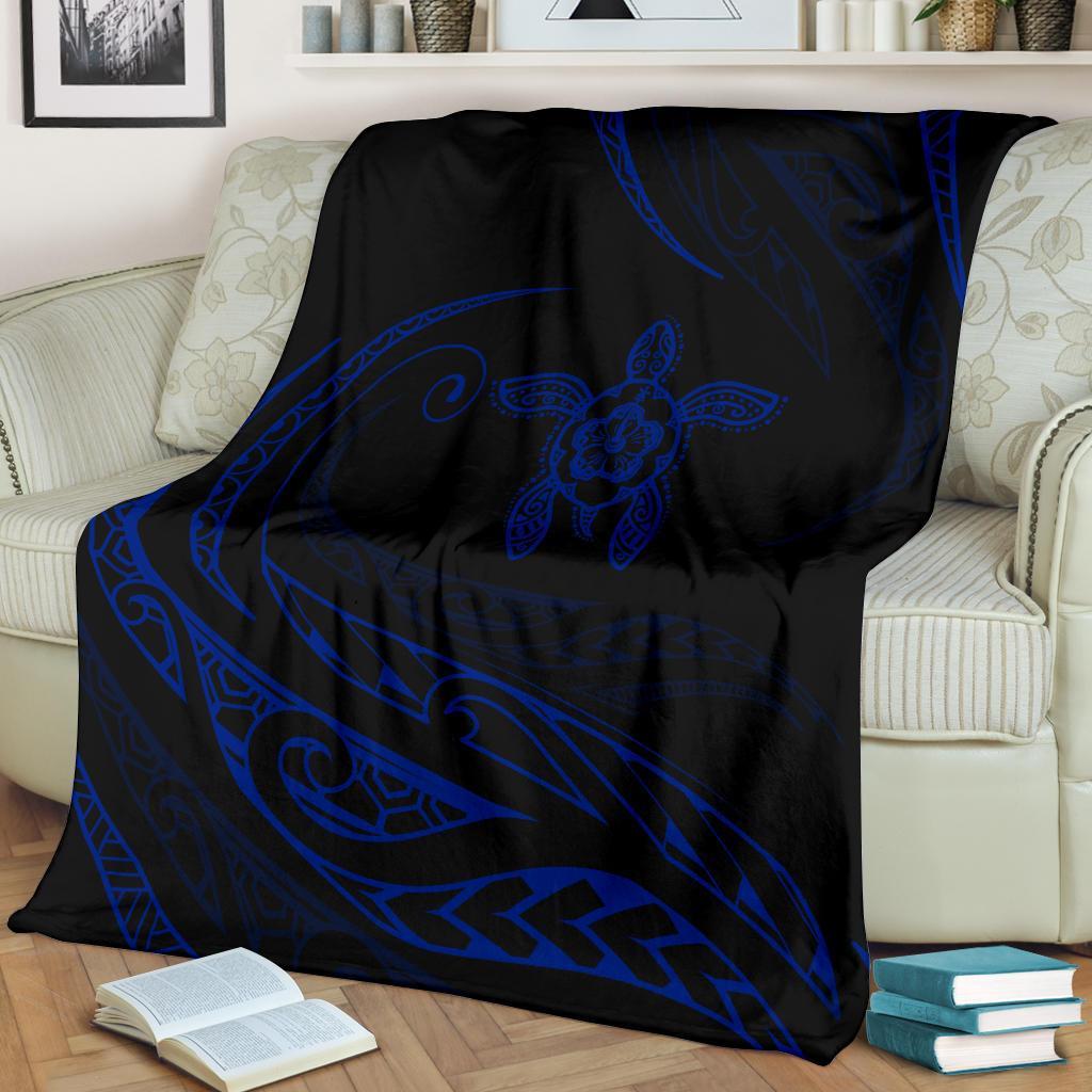 Hawaii Turtle Hibicus Premium Blanket - Frida Style - Blue - Polynesian Pride