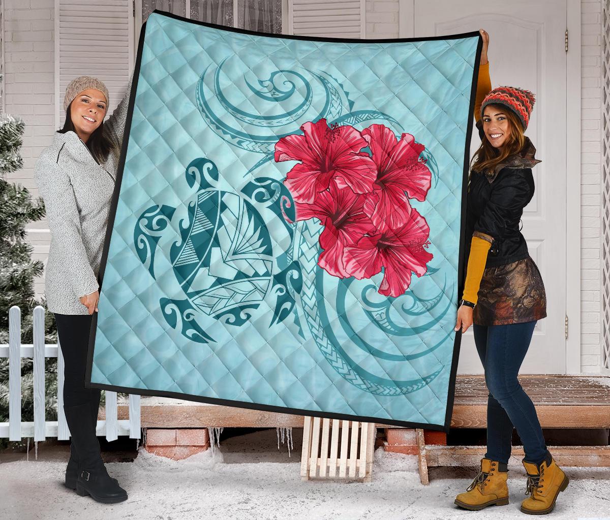 Hawaii Polynesian Turtle Hibiscus Blue Premium Quilt - Bless Style - Polynesian Pride