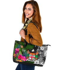 Fiji Large Leather Tote Bag - Turtle Plumeria Banana Leaf Crest - Polynesian Pride
