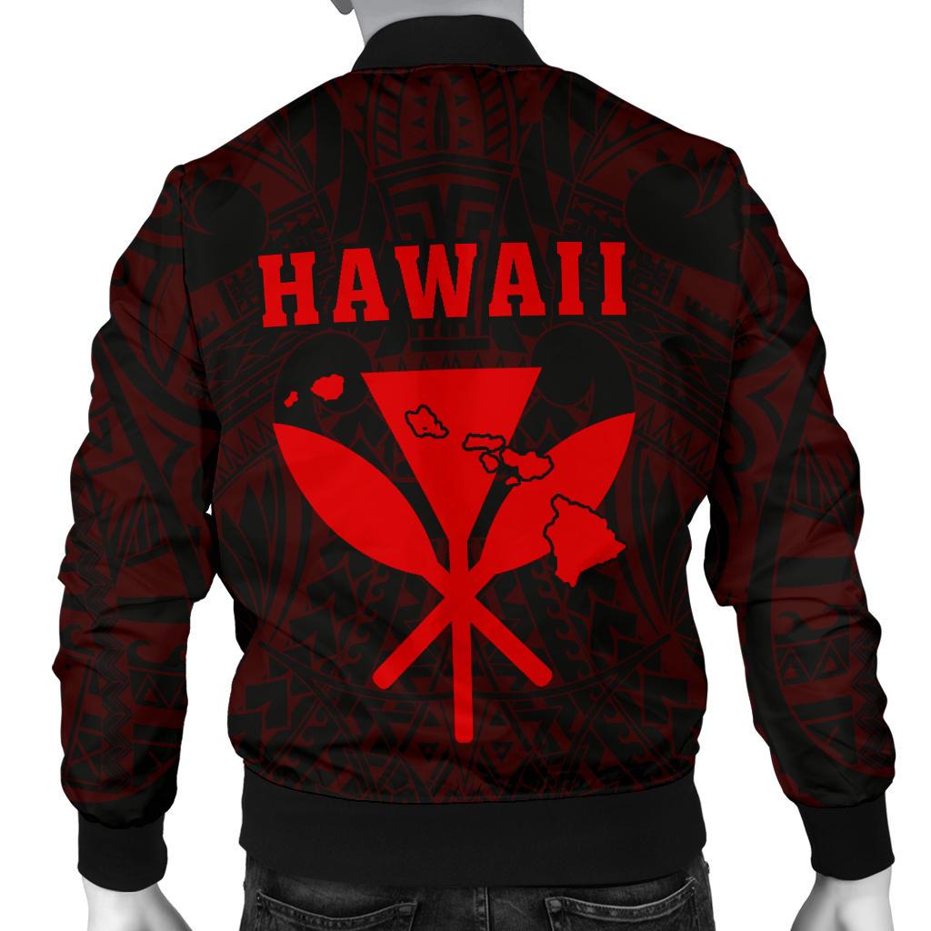 Hawaii Kakau Makau Fish Hook Kanaka Map Men's Bomber Jacket Polynesian - Red - Polynesian Pride