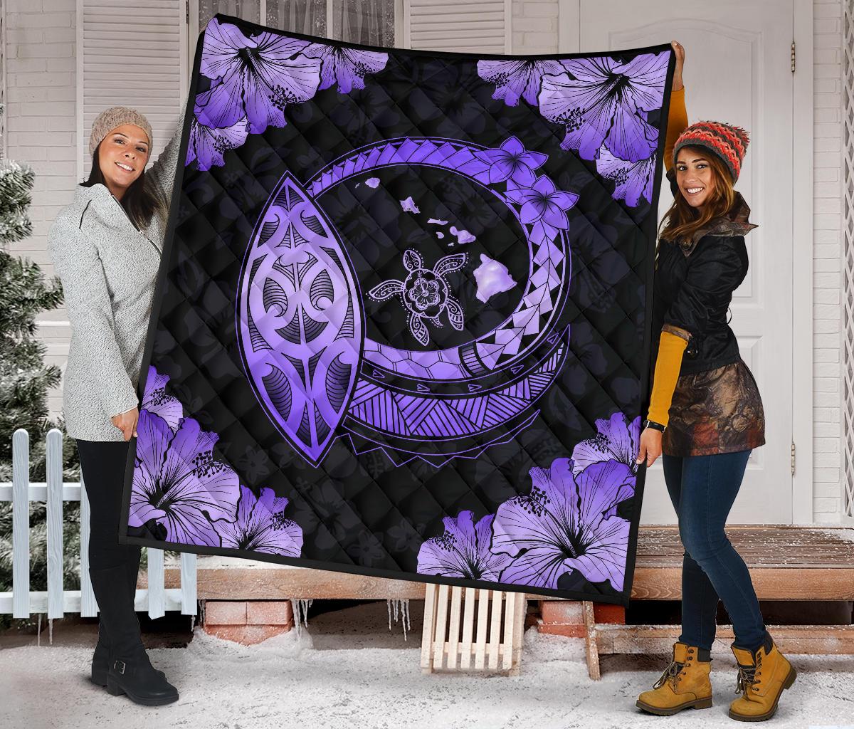 Hawaii Hibiscus Map Hidden Polynesian Purple Premium Quilt - Polynesian Pride