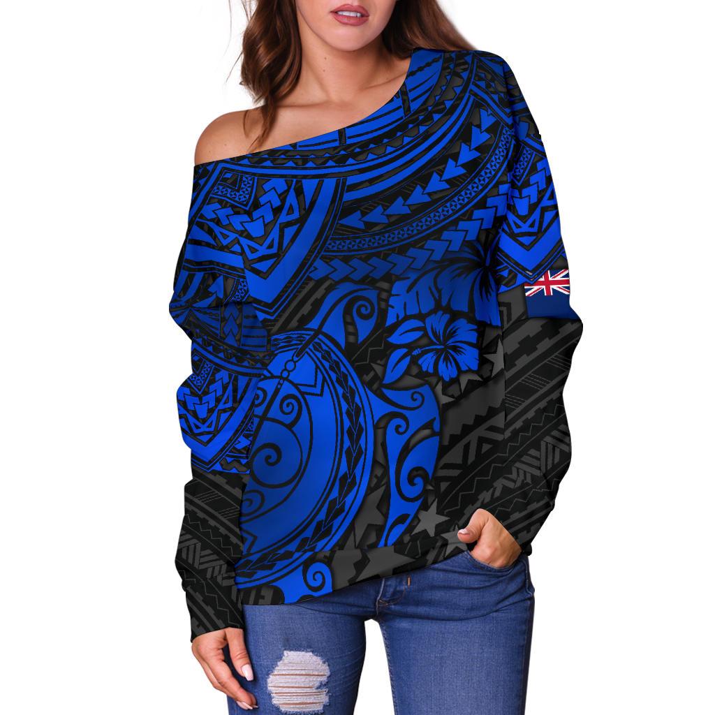 Cook Islands Polynesian Off Shoulder Sweater (Women) - Blue Turtle - Polynesian Pride