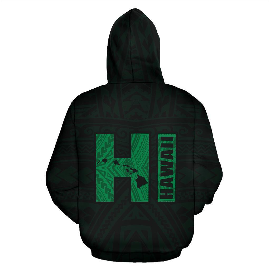 Polynesian Kakau Kanaka Map of Hawaii Hoodie Green - Polynesian Pride