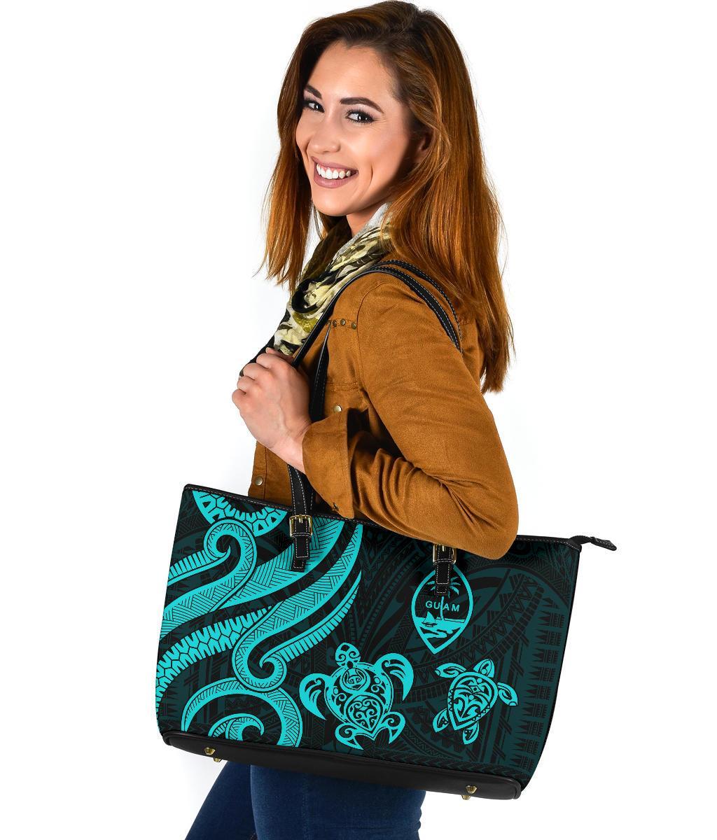 Guam Polynesian Large Leather Tote Bag - Turquoise Tentacle Turtle - Polynesian Pride