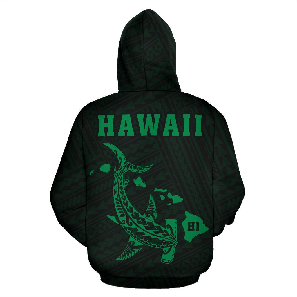 Polynesian Kakau Hammerhead Shark Map of Hawaii Hoodie Green - Polynesian Pride