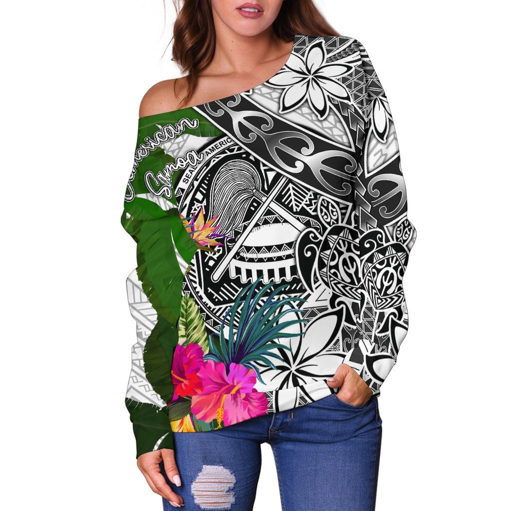 American Samoa Women's Off Shoulder Sweater White - Turtle Plumeria Banana Leaf - Polynesian Pride