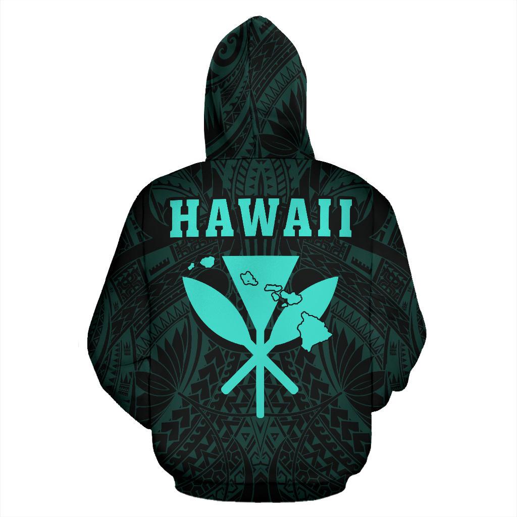 Polynesian Fish Hook Kanaka Map of Hawaii Zip Hoodie Turquoise - Polynesian Pride