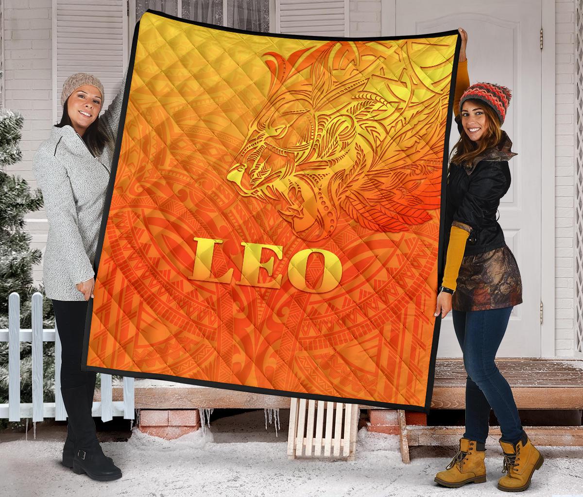 Sun In Leo Zodiac Premium Quilt Polynesian Tattoo Simple - Orange - Polynesian Pride