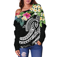 Papua New Guinea Polynesian Women's Off Shoulder Sweater - Summer Plumeria (Black) - Polynesian Pride