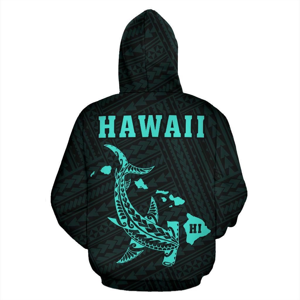 Polynesian Kakau Hammerhead Shark Map of Hawaii Zip Hoodie Turquoise - Polynesian Pride