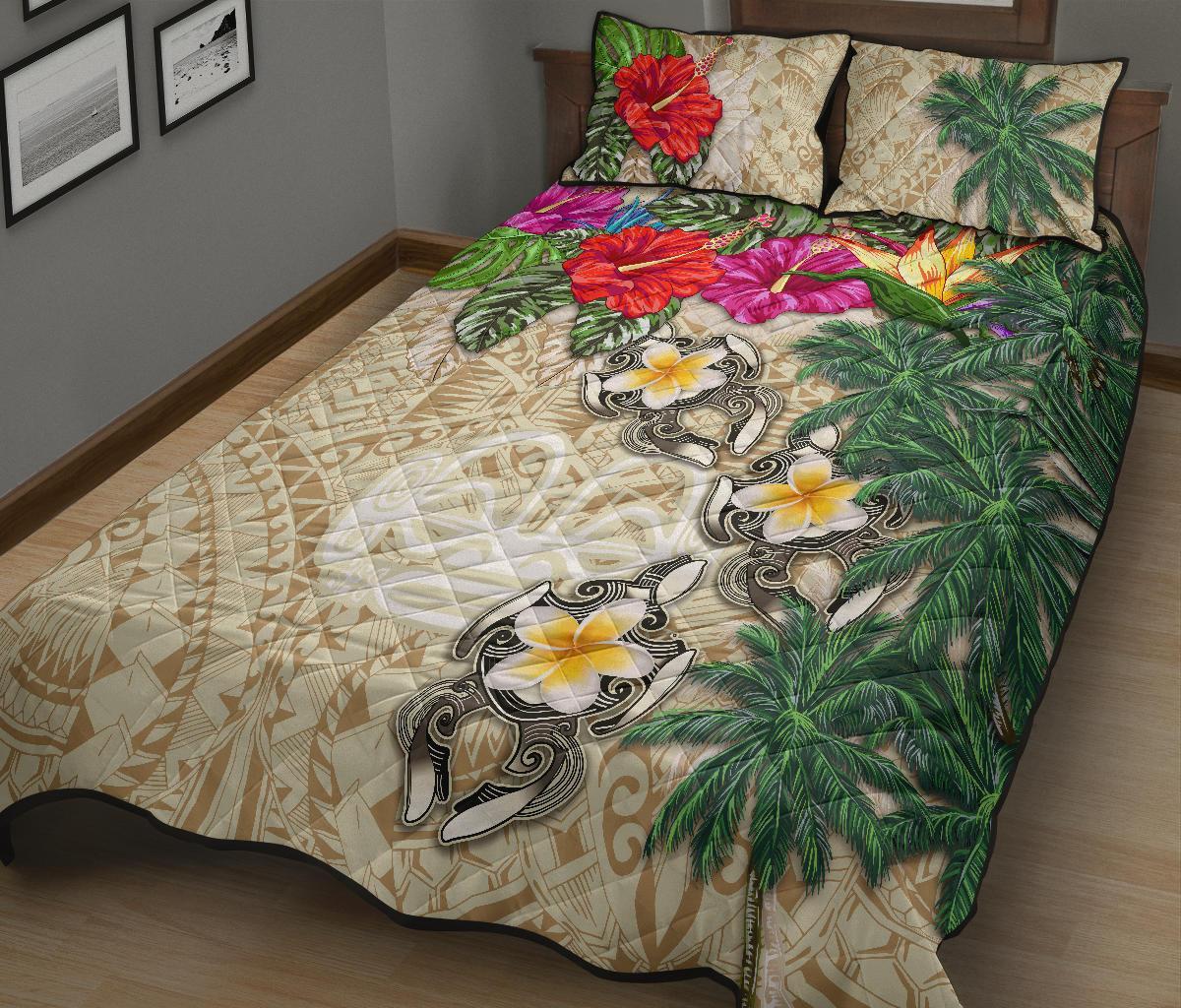 Marquesas Islands Polynesian Quilt Bed Set - Hibiscus Turtle Tattoo Beige - Polynesian Pride