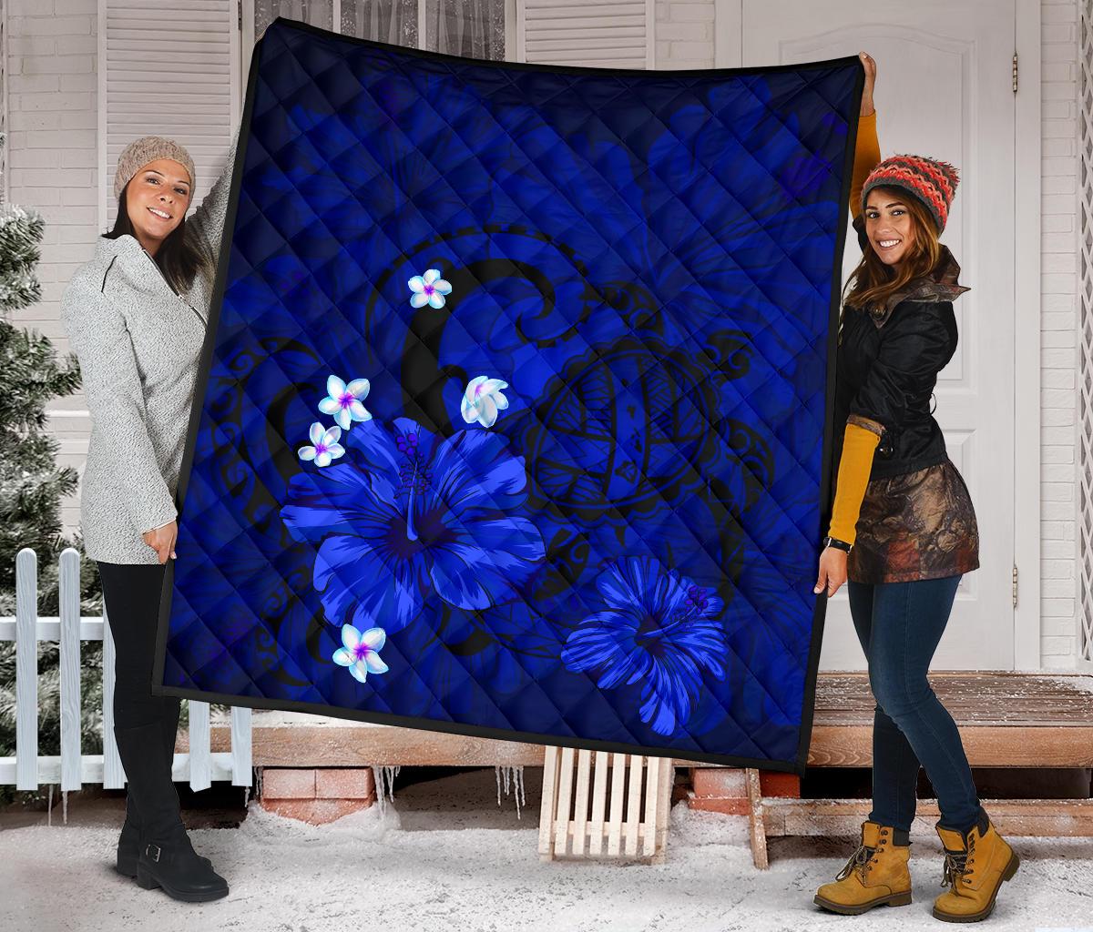 Hawaii Turtle Poly Tribal Blue Premium Quilt - Polynesian Pride