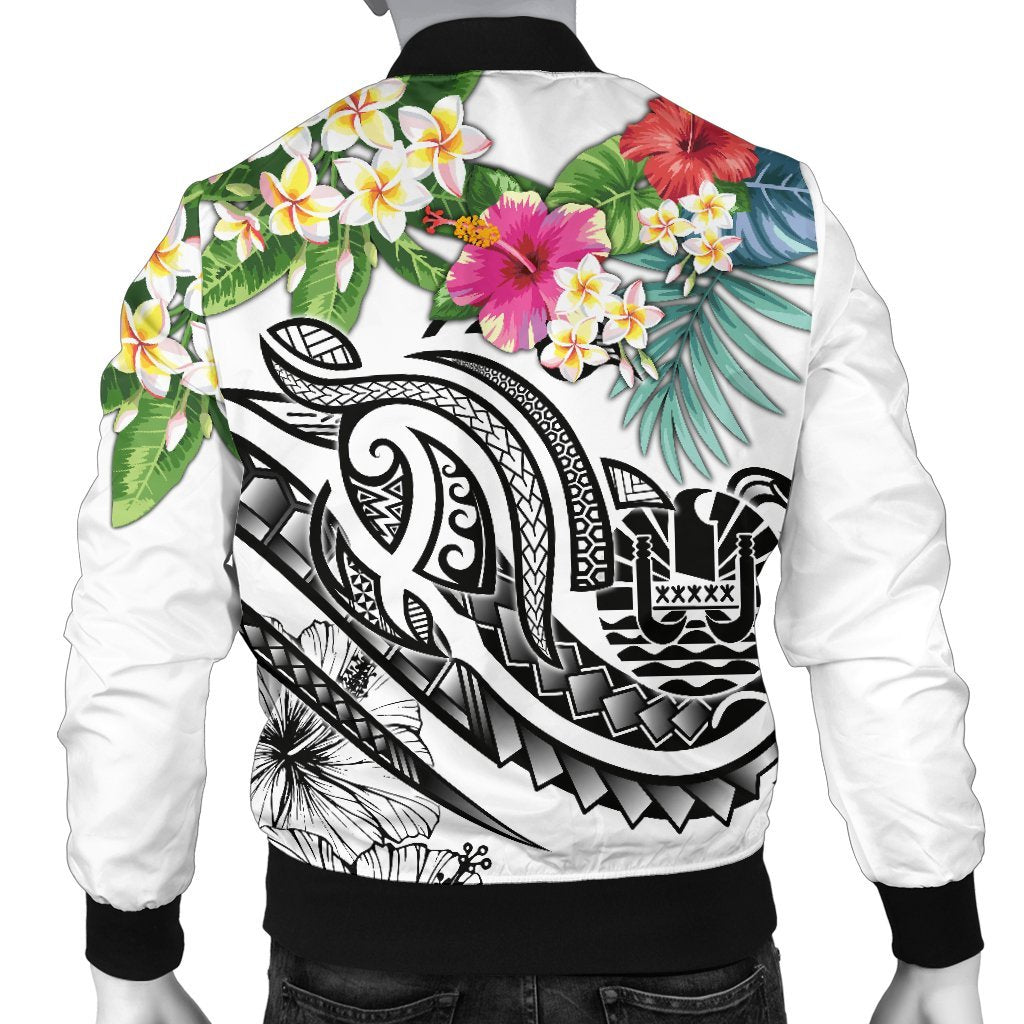 Tahiti Polynesian Men's Bomber Jacket - Summer Plumeria (White) - Polynesian Pride
