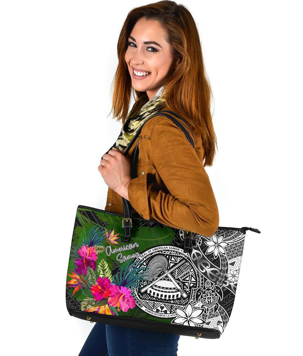 American Samoa Large Leather Tote Bag - Turtle Plumeria Banana Leaf Black - Polynesian Pride