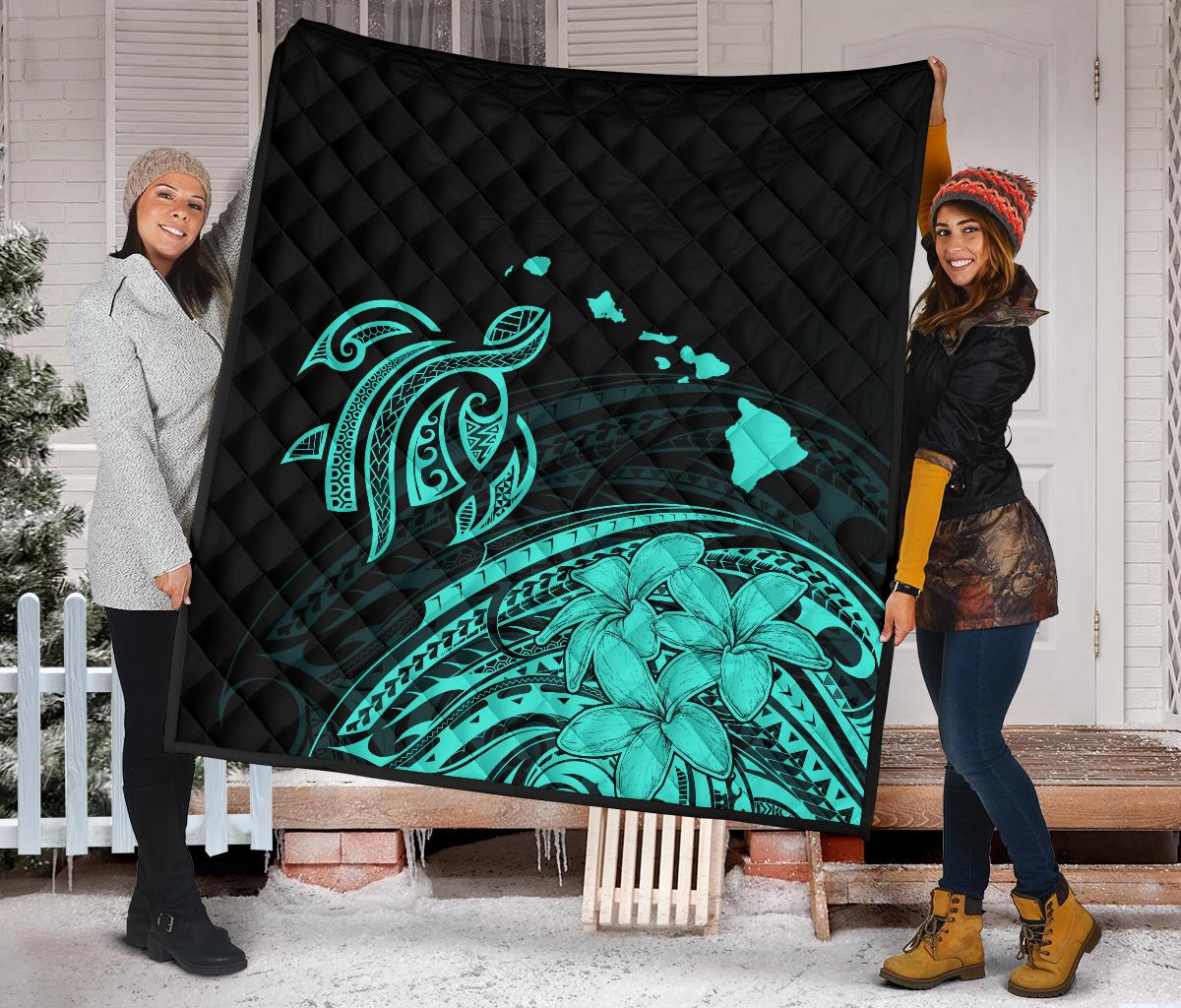 Hawaii Map Plumeria Polynesian Turquoise Premium Quilt - Polynesian Pride