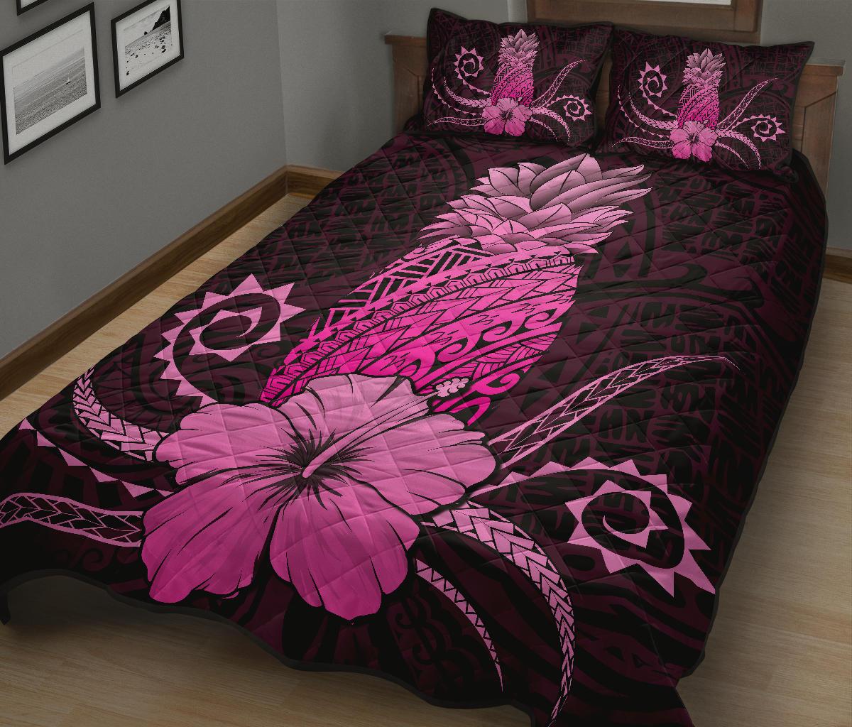Hawaii Polynesian Pineapple Hibiscus Quilt Bed Set - Zela Style Pink - Polynesian Pride