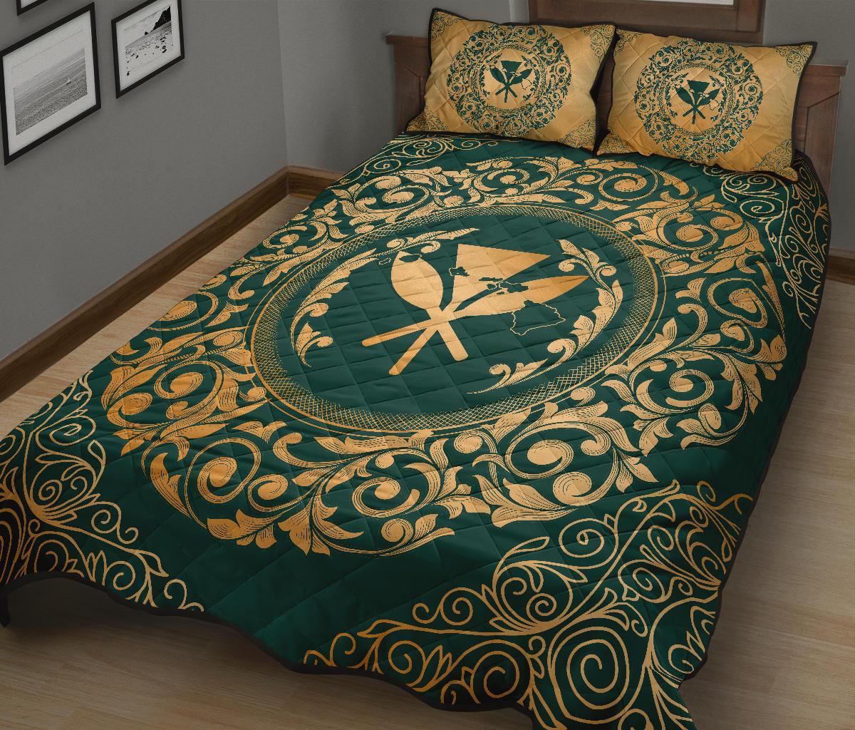 Hawaii Vintage Tribal Map Kanaka Quilt Bed Set - AH - Green - Polynesian Pride