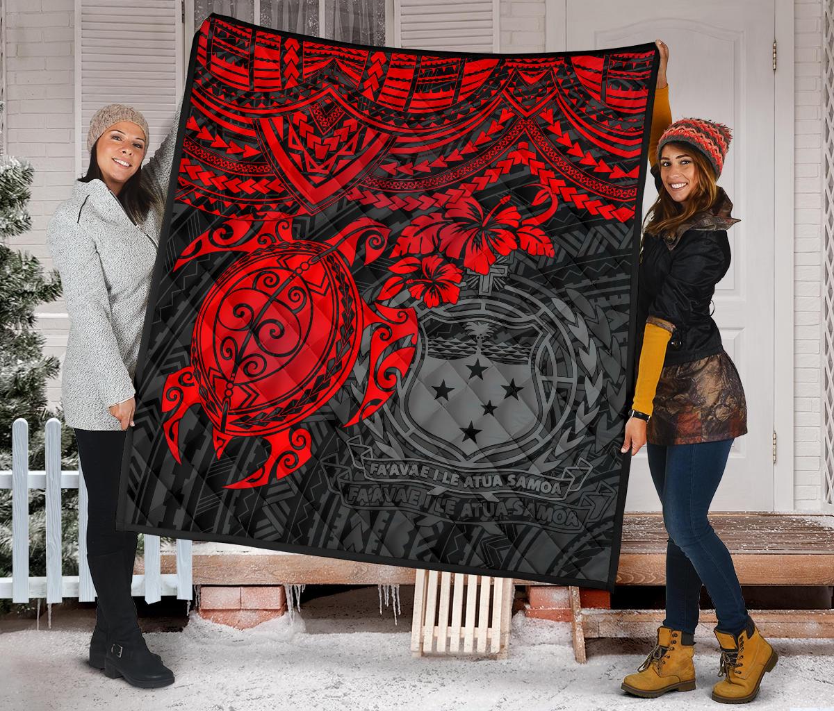 Samoa Polynesian Premium Quilt - Samoa Coat Of Arms & Red Turtle Hibiscus - Polynesian Pride