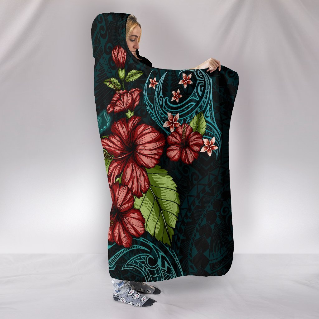 Polynesian Hooded Blanket Turtle And Shark - Hibiscus Turquoise - Polynesian Pride