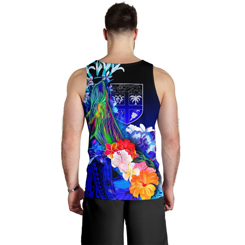 Fiji Men's Tank Top - Humpback Whale with Tropical Flowers (Blue) - Polynesian Pride