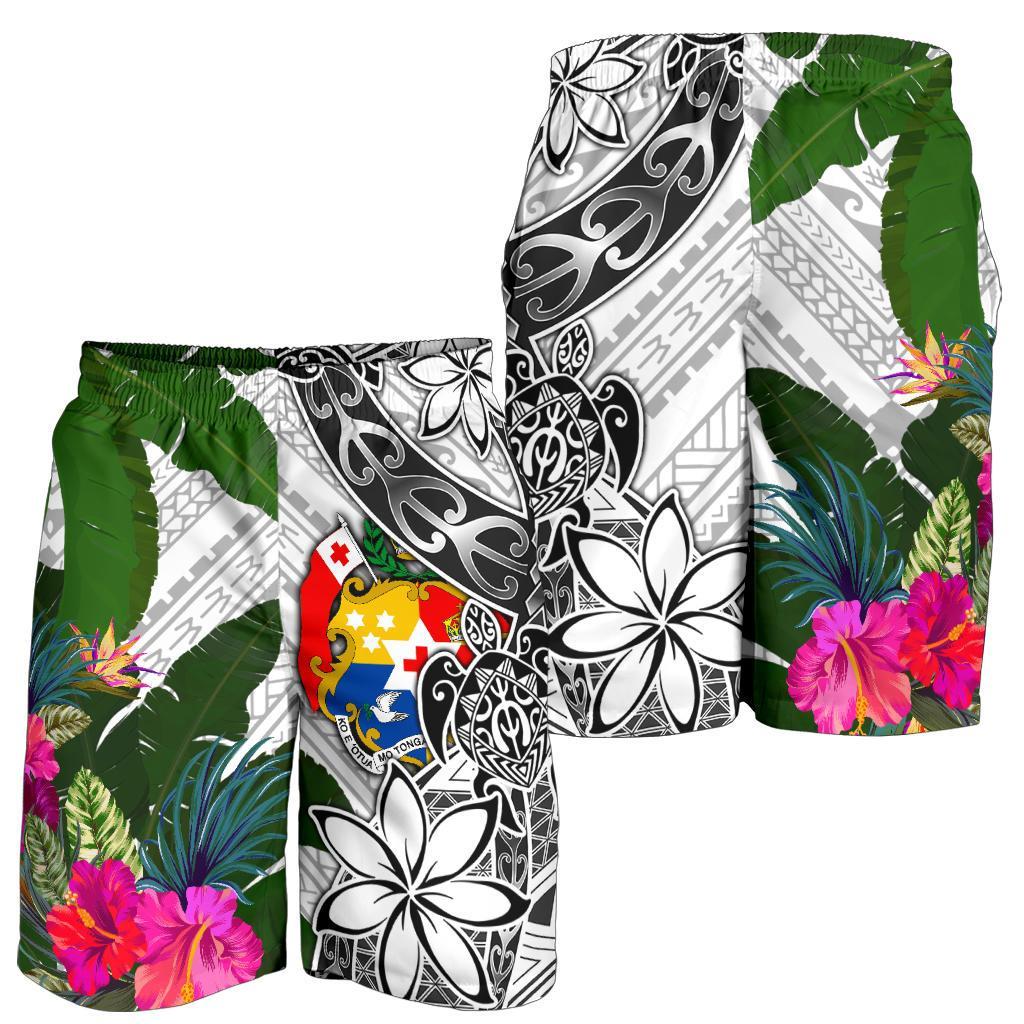 Tonga Men's Short White - Turtle Plumeria Banana Leaf - Polynesian Pride