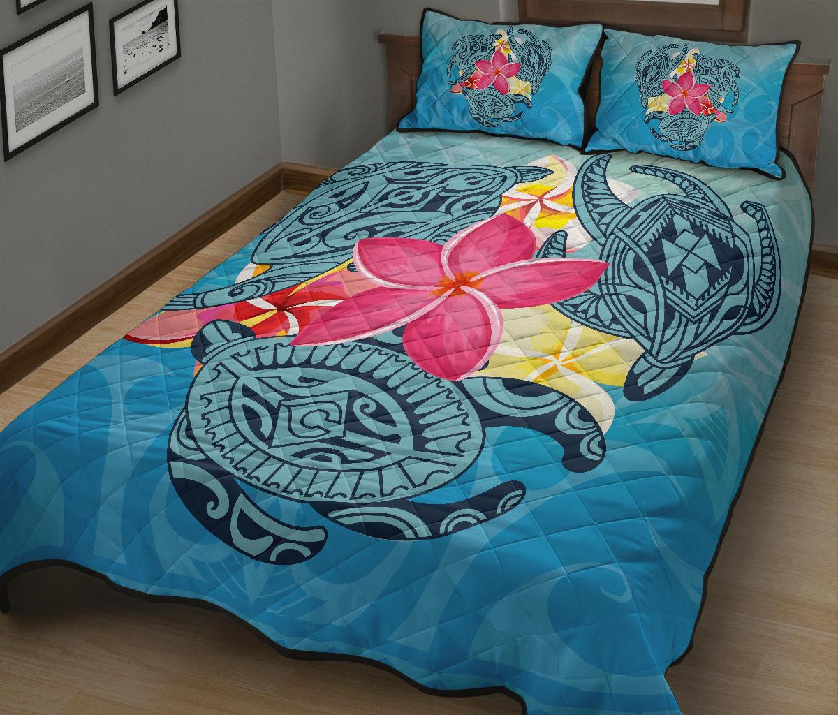 Hawaii Plumeria Deep Sea Circle Turtle Quilt Bed Set - Polynesian Pride