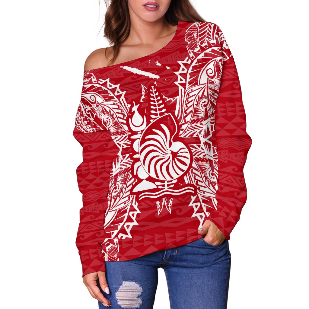 New Caledonia Polynesian Shoulder Sweater Map Red White - Polynesian Pride