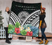 American Samoa Premium Quilt - American Samoa Coat of Arms & Polynesian Tropical Flowers White - Polynesian Pride