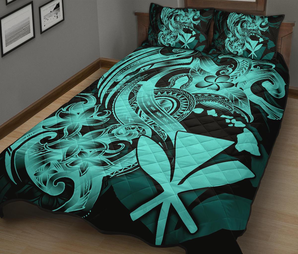 Hawaii Polynesian Quilt Bed Set - Blue Kanaka Maoli Tentacle Plumeria - Polynesian Pride