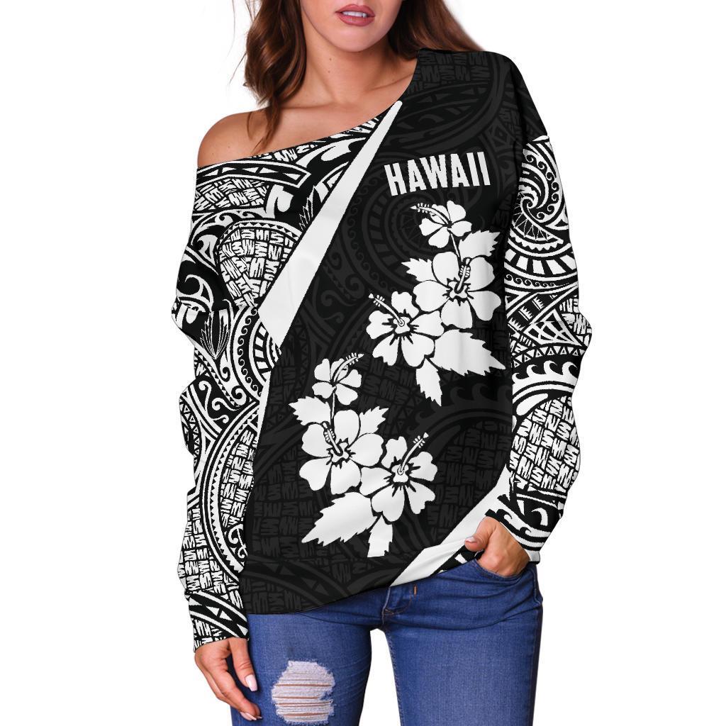 Hawaii Polynesian Women's Off Shoulder Sweater Hibiscus White TH5 - Polynesian Pride