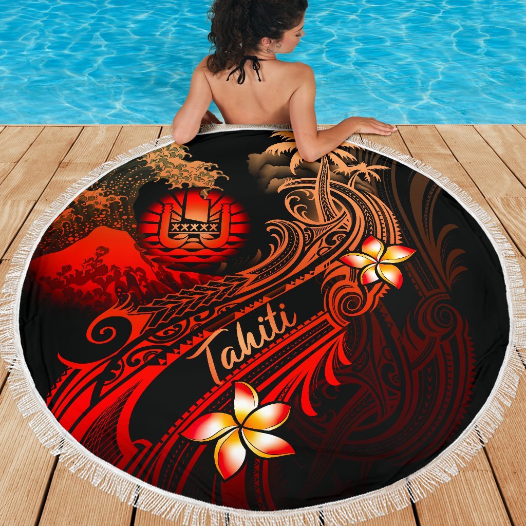 Tahiti Polynesian Beach Blanket - Plumeria Flowers And Waves One Style One Size Red - Polynesian Pride