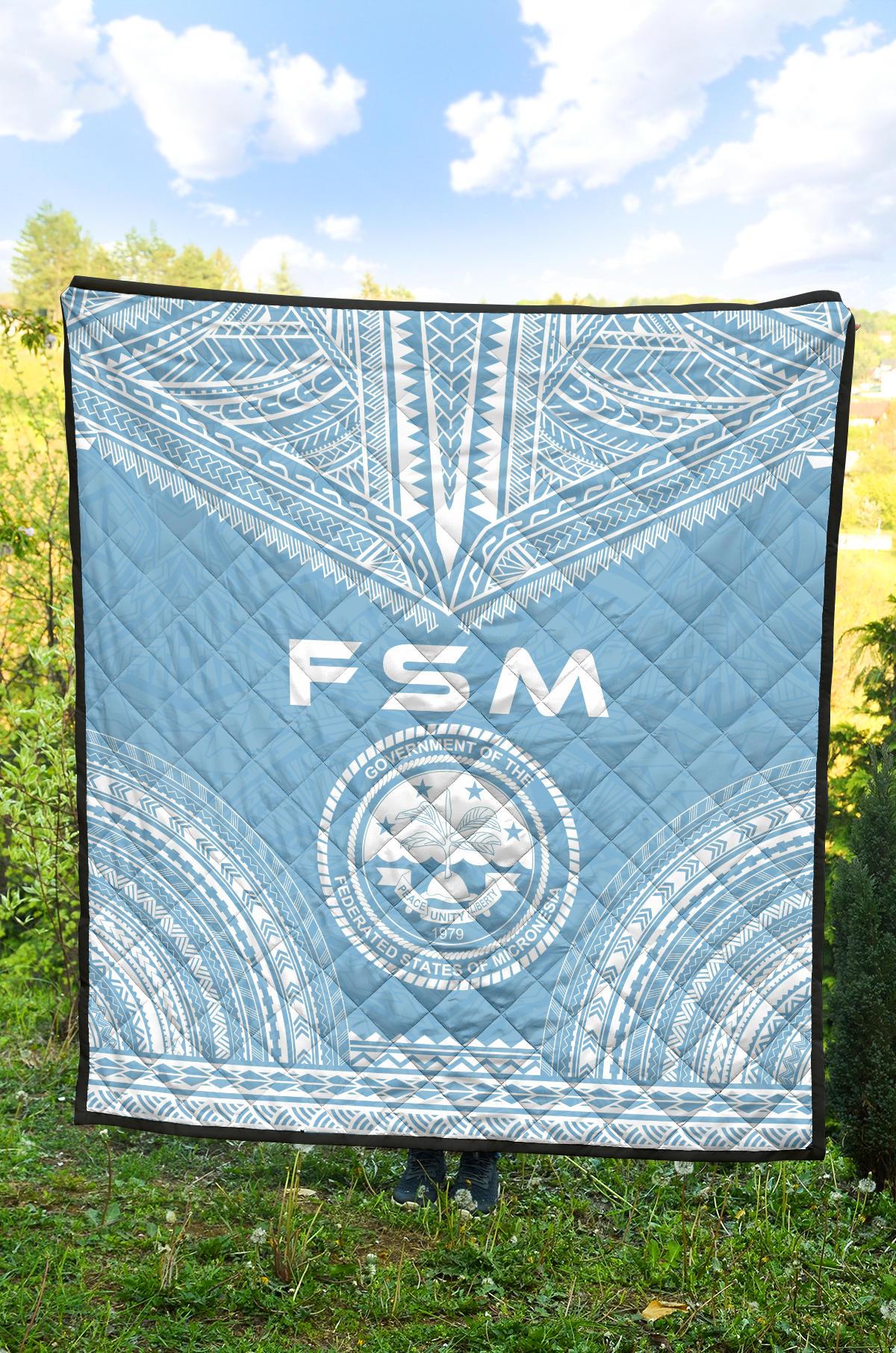 Federated States Of Micronesia Premium Quilt - FSM Seal Polynesian Chief Light Blue Version - Polynesian Pride