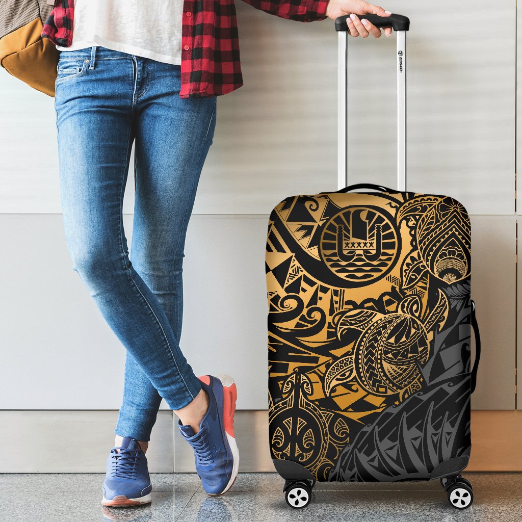 Tahiti Polynesian Luggage Cover - Gold Turtle Hibiscus Flowing - Polynesian Pride