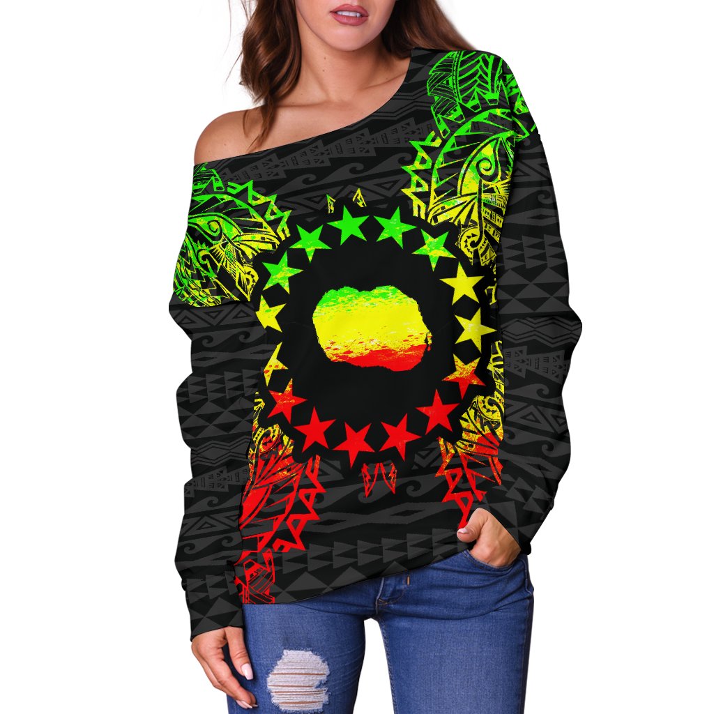 Cook Islands Polynesian Shoulder Sweater Map Reggae - Polynesian Pride