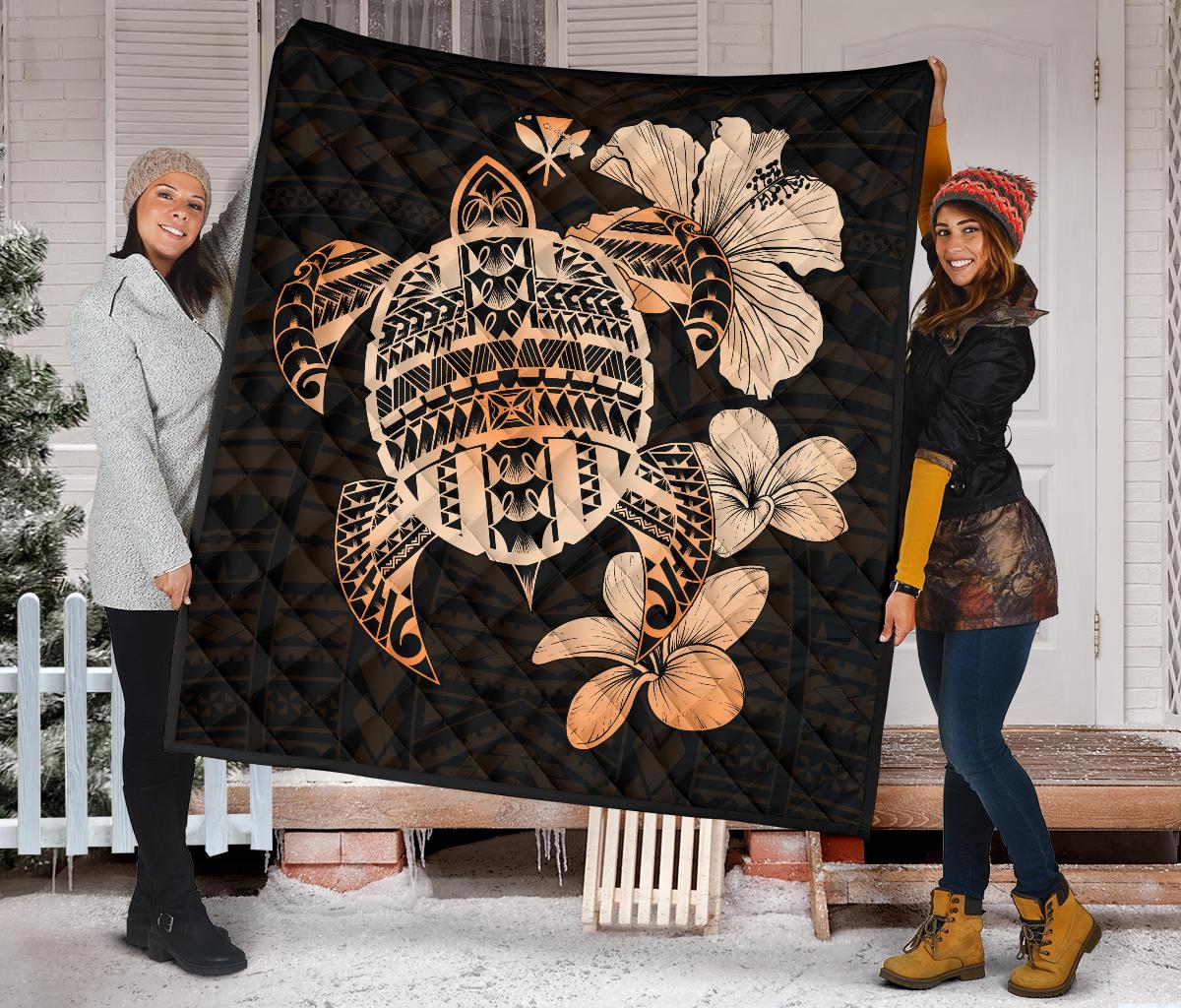 Hawaiian Kanaka Hibiscus Plumeria Mix Polynesian Turtle Premium Quilt Orange AH - Polynesian Pride