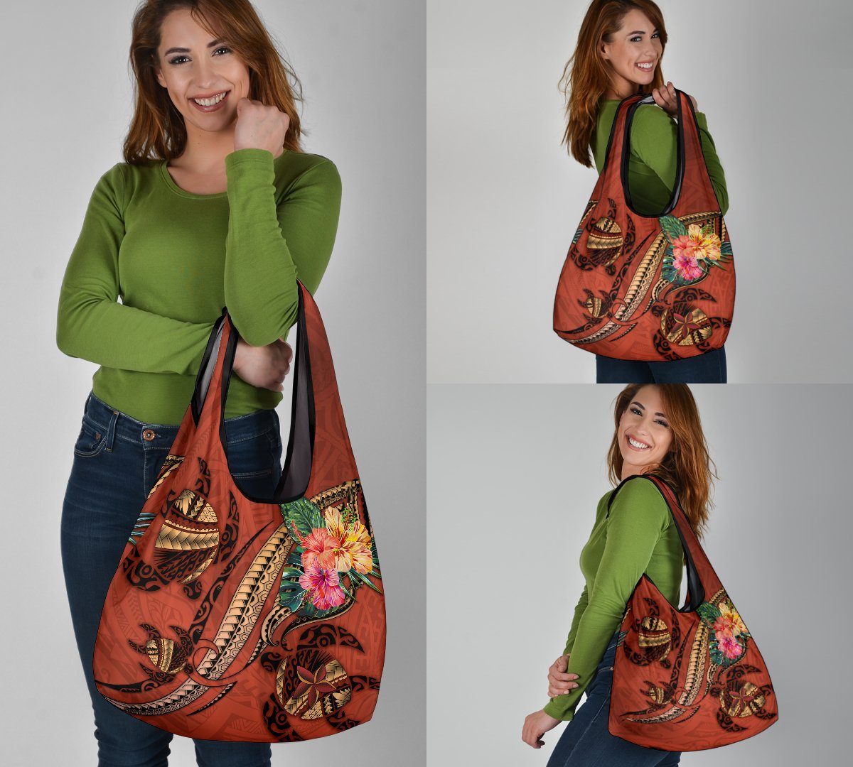 Polynesian Turtle Grocery Bag 3 Pack - Tribal Tattoo with Hibiscus Coral - Polynesian Pride