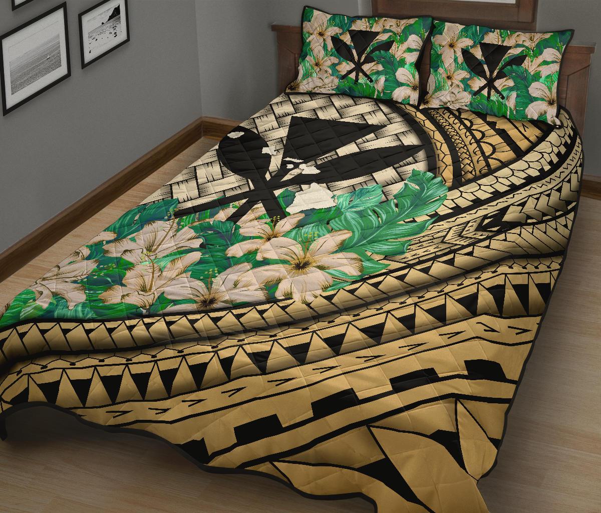 Kanaka Maoli (Hawaiian) - Quilt Bed Set Lauhala Polynesian Hibiscus Gold - Polynesian Pride
