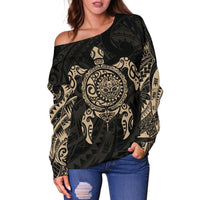 New Zealand Off Shoulder Sweater , Maori Turtle Tattoo - Gold - Polynesian Pride