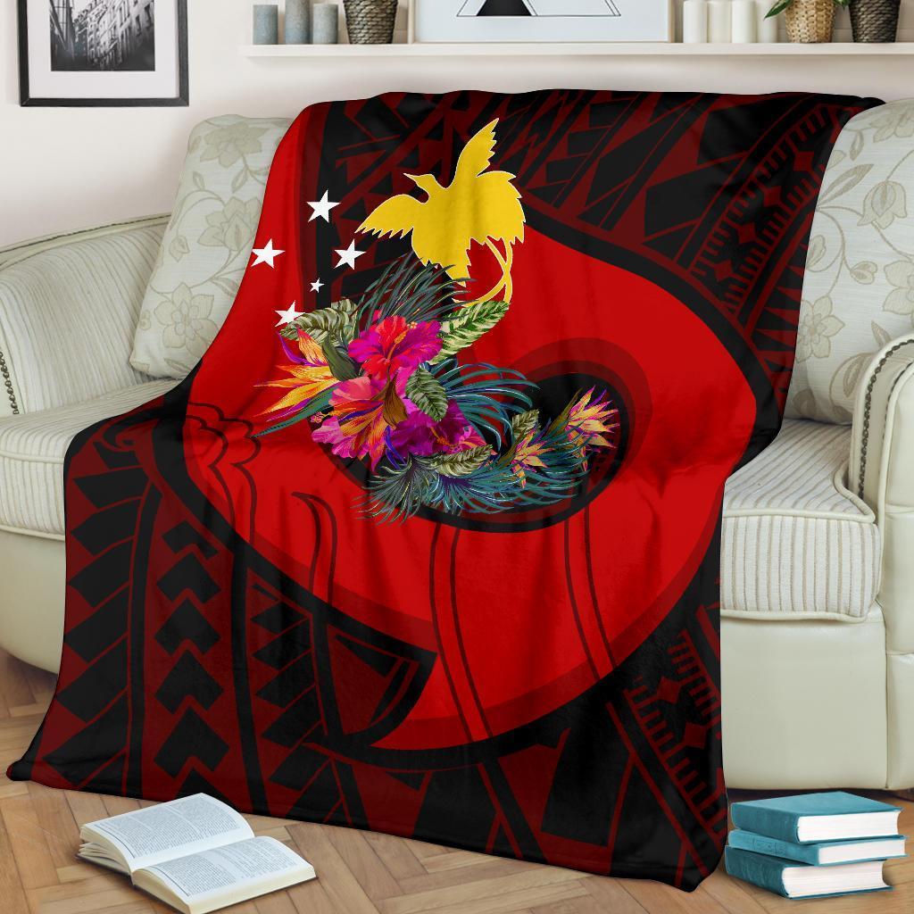 Papua New Guinea Premium Blanket - Polynesian Hook And Hibiscus (Red) White - Polynesian Pride